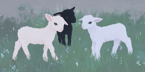 Lambs playing in a green pasture