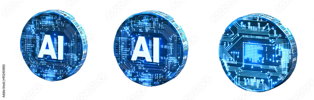 Poster three digital coins with ai symbol, representing the intersection of technology and finance in a fut