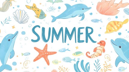 Obraz premium Playful Cartoon Sea Animals Surround the Word SUMMER on a Pastel Background