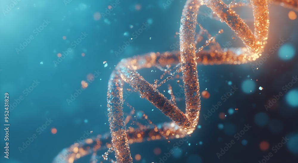 Poster close up view of the elegant dna double helix with flowing particles on a vibrant blue background
