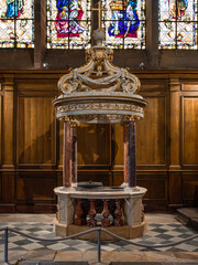 Historic baptismal stone in St.Vincent Cathedral, Saint Malo