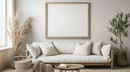Minimalist Living Room with Wooden Couch and Blank Canvas