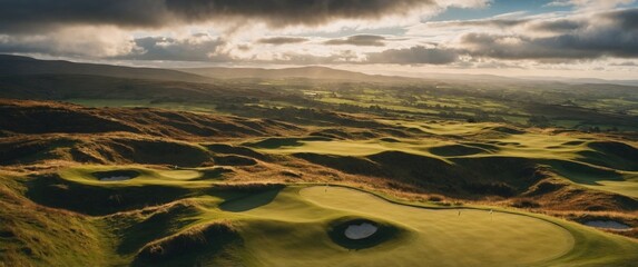 Amazing aerial view of lush green golf course with rolling hills and stunning cloudy sky Natural beauty of Ireland The elegance of Irish nature.