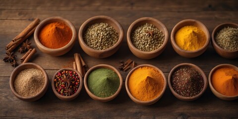 Aromatic spices in wooden bowls on a rustic table.