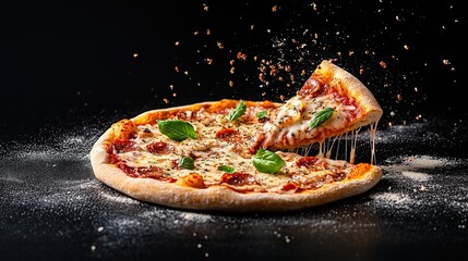 Tasty Italian pizza on a black background.