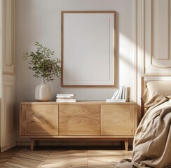 Cozy interior with a wooden cabinet, blank picture frame and indoor plant Natural light enhances the warm tones