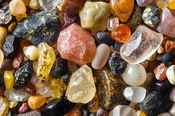 Closeup of colorful sand grains with various textures and sizes.