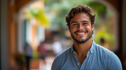 Fototapeta premium Young smiling Brazilian man in business office clothes against the background of a beautiful building in Rio de Janeiro, student, boy, guy, university, worker, entrepreneur, employee, businessman