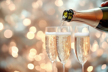 Sparkling wine being poured into glasses with a festive background