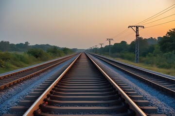 Obraz premium Tranquil Evening Railway Journey for Peaceful Travel and Scenic Exploration