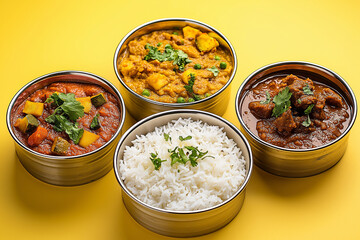 A photo of an Indian traditional meal in four steel bowls, including curries such as daal and vegetable dishes with rice or chapati, in a knolling-style arrangement.