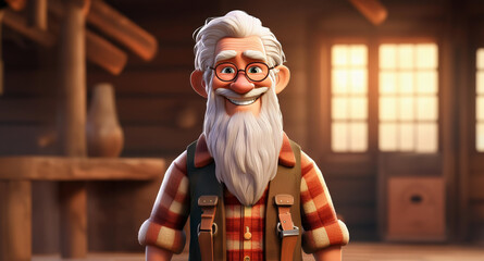 A 3D rendered cartoon character of an elderly lumberjack man with a white beard. The character has a warm and friendly expression, with detailed wrinkles, white or gray hair, Generative AI