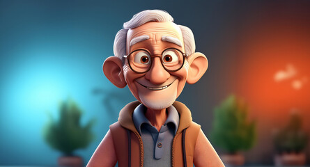 A 3D-rendered cartoon character of an elderly person. The character has a warm and friendly expression, with detailed wrinkles, white or gray hair, and wearing comfortable, Generative AI