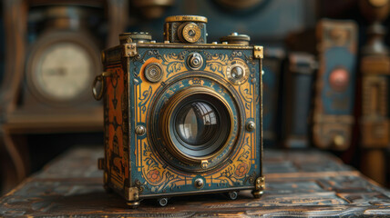 camera in a vintage style, brass and wood materials, intricate engravings, displayed on an antique wooden table with soft,