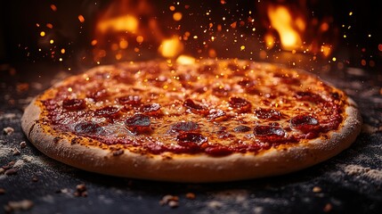 Juicy prosciutto pizza is baked in a fire oven, close-up photo.