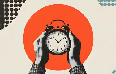 Fotobehang Minimalist Pop Art Inspired Collage of Hands Holding Alarm Clock for Time Management and Productivity © pisan thailand