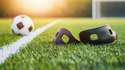 Soccer shin guards lying on the field line, with the ball nearby, grass textures visible.