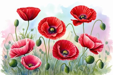 Obraz premium Vibrant Ruby Poppies Flourishing in a Cheerful Pastel Watercolor Landscape