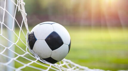 Soccer net bulging with a ball just crossing the goal line, with the field in the background.
