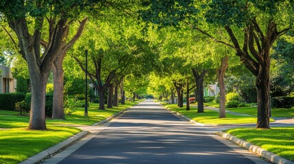 Obraz premium A serene tree-lined avenue with well-maintained sidewalks and vibrant green foliage, showcasing a peaceful and beautiful street scene