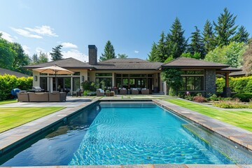 Sunny Backyard with Pool and Patio in Ranch-Style Home, Washington State Suburban Setting