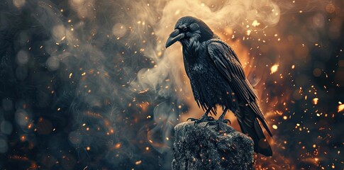Mysterious raven perched in shadowy darkness, showcasing its silhouette and feathers