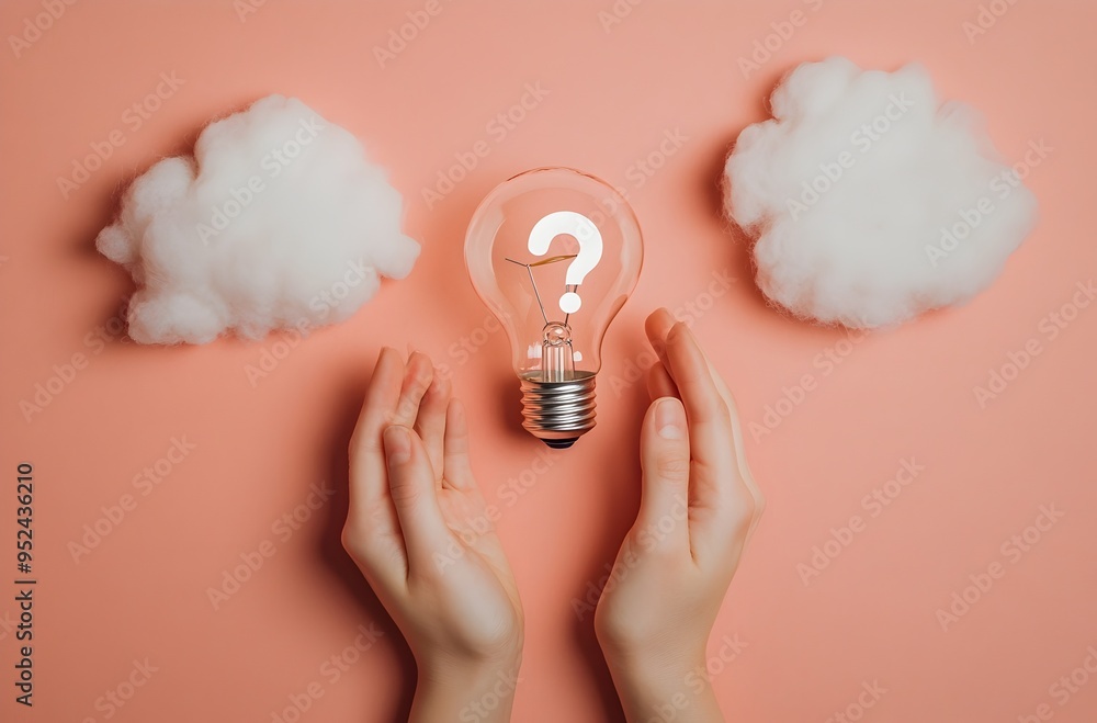 Poster hands holding light bulb and question mark symbolizing idea process