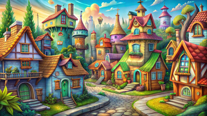 Vibrant village, whimsical, illustrated, with colorful houses and a charming cobblestone path