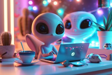 An adorable alien works on a laptop in a colorful, neon-lit room, blending sci-fi elements with playful, futuristic design.