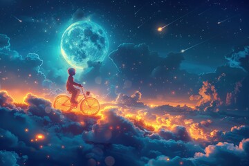 Fototapeta premium A child rides a bicycle through dreamlike clouds, illuminated by a glowing moon and surrounded by a magical night sky.