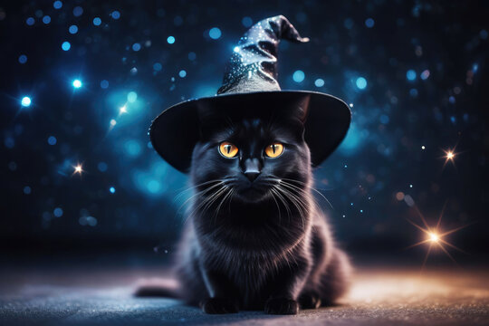Black cat with witch hat on the background of the lights with a bokeh effect for the design of cards and invitations Halloween event. - Powered by Adobe