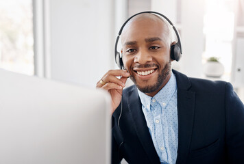 Black man, receptionist and computer in office, online faq chat and technical support contact. Male...