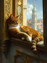 Regal Tabby Cat Lounging on Gilded Windowsill Overlooking Vibrant City