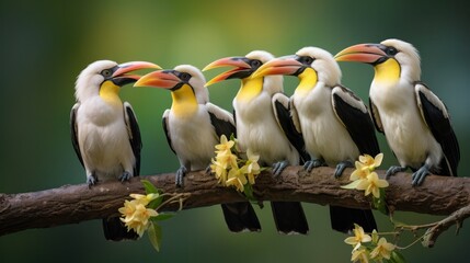 Fototapeta premium A family of Southern White-crowned Hornbills perched on a tree branch, their harmonious arrangement reflecting their strong social bonds.