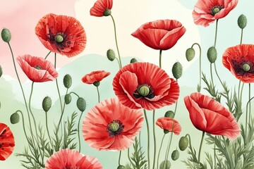 Obraz premium Vibrant Red Poppy Flowers with Soft Pastel Background in Watercolor Art