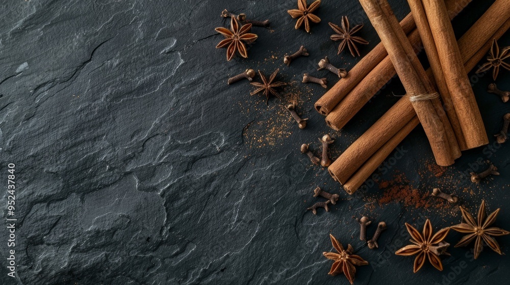 Poster cinnamon sticks and star anise on a textured surface create a warm and inviting atmosphere. perfect 