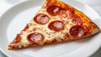 A slice of New York-style pepperoni pizza with a thin, crispy crust and melted cheese, displayed on a white plate with a white background.
