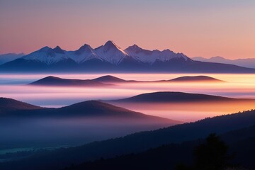 Obraz premium Stunning Sunset over Mountain Range with Misty Fog and Sunlight Rays