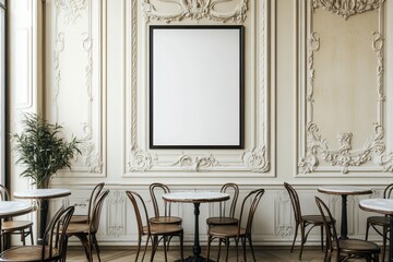Elegant caf? interior with decorative walls and empty tables.
