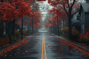 Fototapeta premium An empty autumn street in an American suburb with a mystic atmosphere, depicted in 3D art illustration. It has a cinematic style, reminiscent of a thriller movie environment....