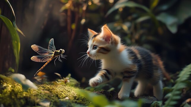 Curious Calico Kitten Chasing Iridescent Dragonfly in Lush Garden Oasis Surreal Photograph