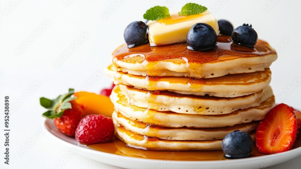 Aufkleber a stack of fluffy american pancakes with butter and maple syrup drizzled on top, served with a side 