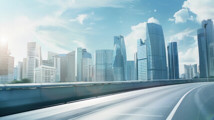 Modern cityscape with skyscrapers under a bright blue sky and fluffy clouds, highway in the foreground