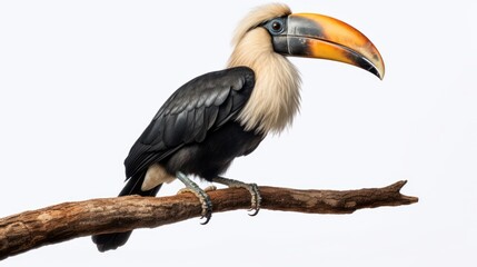 A Hornbill perched on a branch, its watchful gaze fixed on the viewer, conveying a sense of intelligence and curiosity