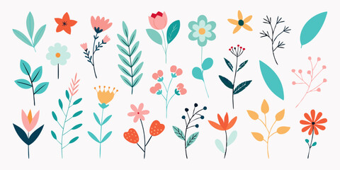 Trendy floral branch and minimalist flowers for logo or decorations on white background