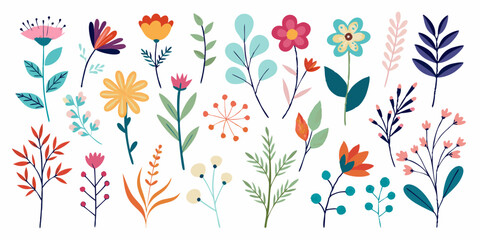 Trendy floral branch and minimalist flowers for logo or decorations on white background