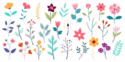Fototapeta premium Trendy floral branch and minimalist flowers for logo or decorations on white background