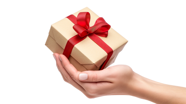Hand holding Gift box isolated on transparent background, PNG