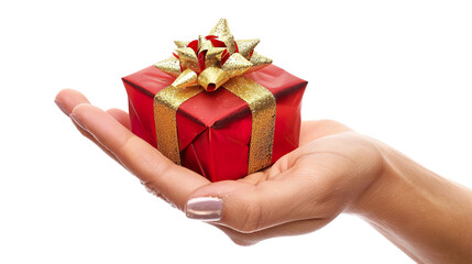 Hand holding Gift box isolated on transparent background, PNG