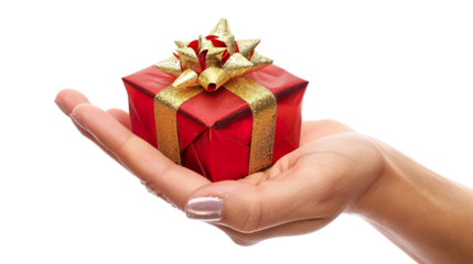 Hand holding Gift box isolated on transparent background, PNG